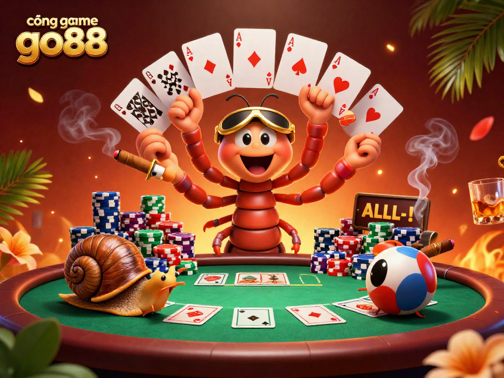 Experience the excitement at cổng game go88 with a lively casino scene featuring dynamic 3D characters and vibrant poker elements.