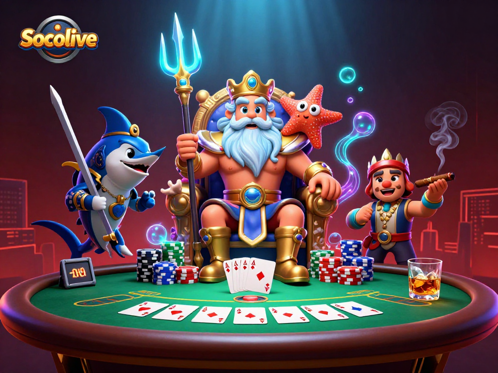 Socolive casino scene featuring Neptune and samurai in a vibrant poker setting with luminous effects.