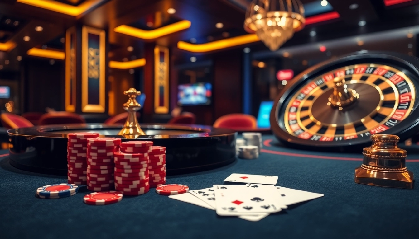SC88 branded casino gaming table with poker chips and cards in a vibrant setting.