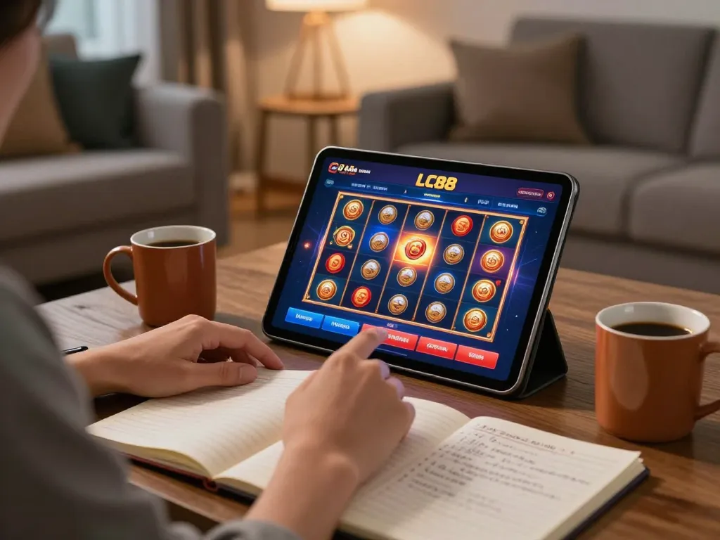 Engaging player using LC88 casino app on a tablet during cozy home gaming session