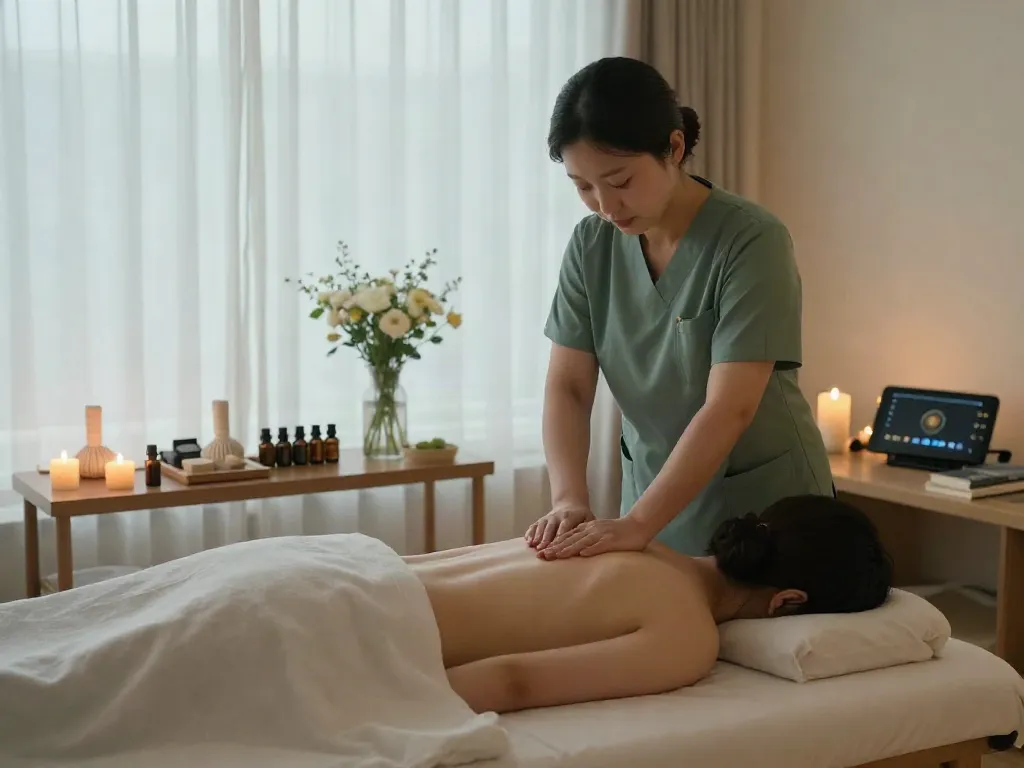 Relaxing 마사지 therapy scene showcasing 성북출장안마 with therapist and calming atmosphere.