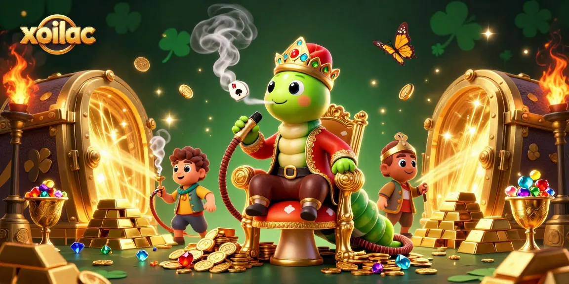 Experience the excitement of xoilac with an extravagant illustration featuring a unique caterpillar hookah-master in a vibrant casino scene.