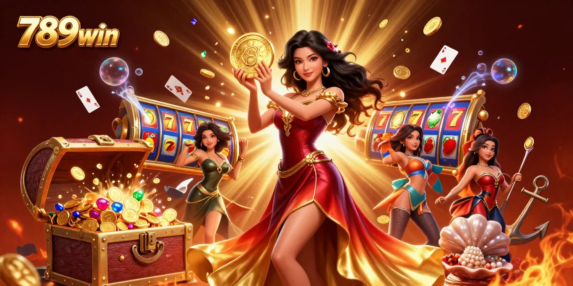 Spin the slots at 789win, where dazzling gold coins and gems rain down in a vibrant casino scene.