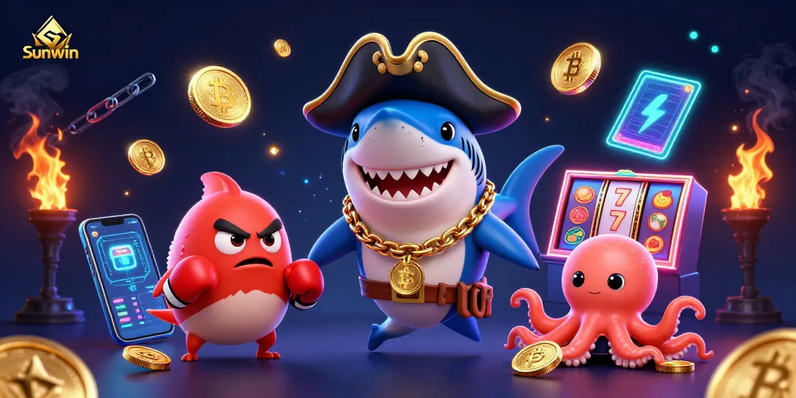 Engage with Sunwin's vibrant crypto casino scene featuring a pirate shark and colorful sea creatures.
