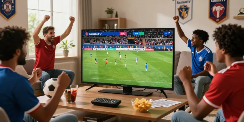 CakhiaTV live football streaming event with excited fans watching a match together.