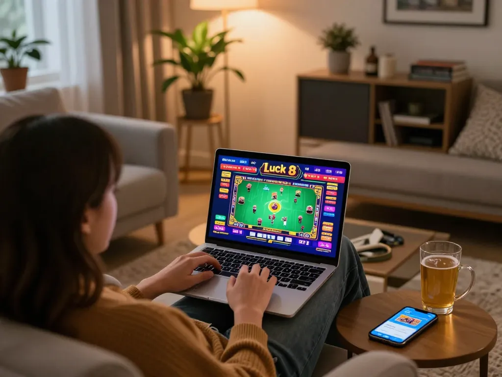 Engaging online gaming session at home with luck 8 casino displayed on laptop, cozy atmosphere