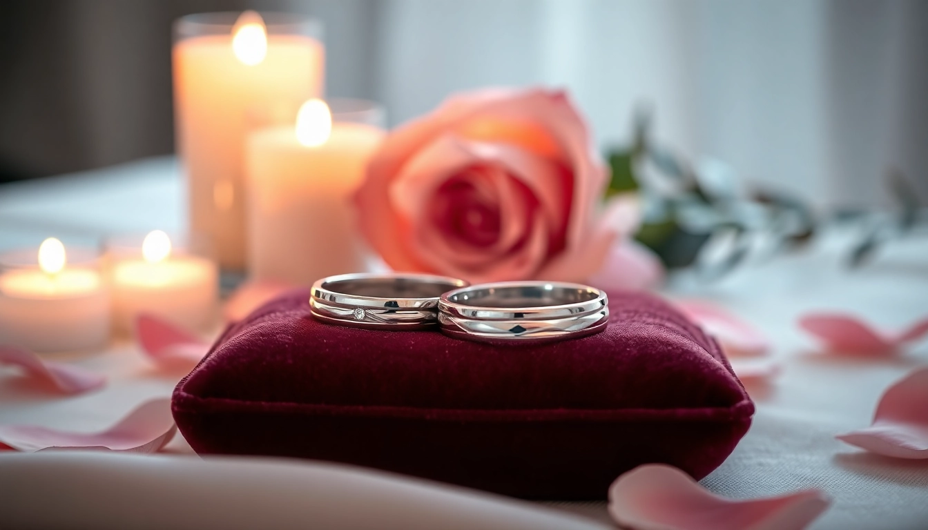 Showcasing tungsten rings with intricate designs on a velvet cushion, highlighting elegance and luxury.