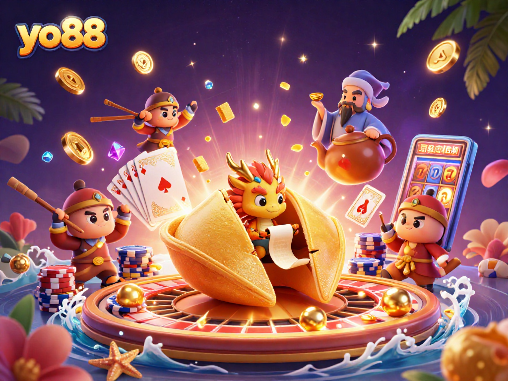 Engage with yo88's vibrant casino magic featuring a golden fortune cookie and a wise dragon.