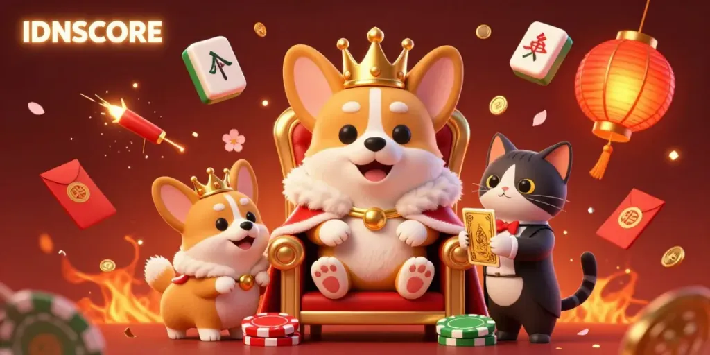 Join the royal gaming experience at IDNSCORE with a corgi crowned on poker chips amidst festive casino symbols.