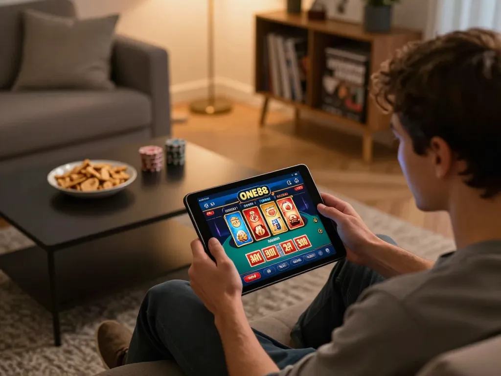 Engaging with the ONE88 casino app in a cozy setting, showcasing the thrill of online gaming.