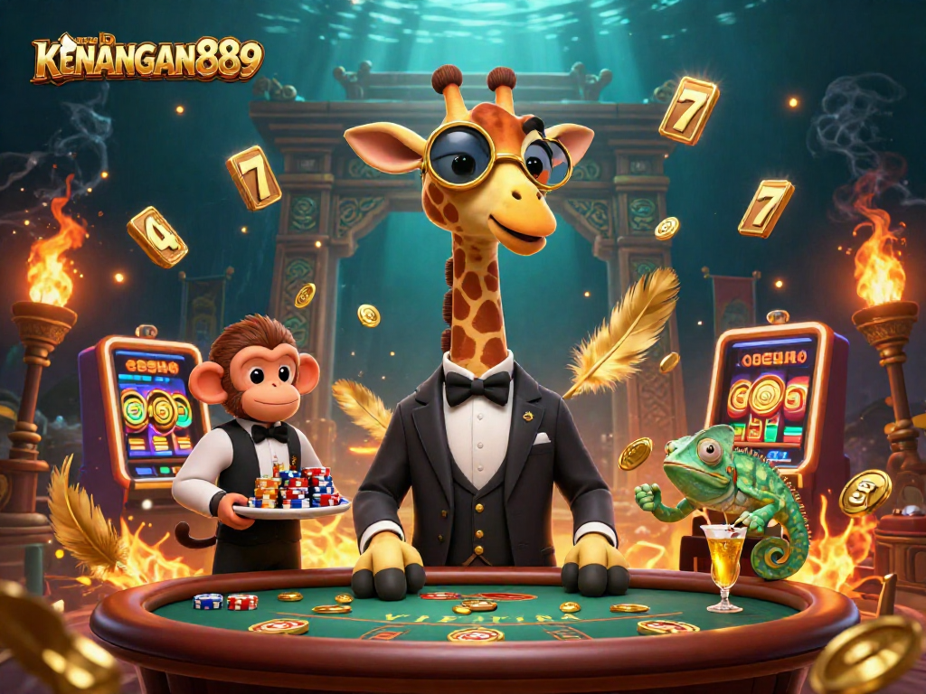 Engage in thrilling gameplay at KENANGAN889 with an interactive casino scene featuring a giraffe at a poker table.
