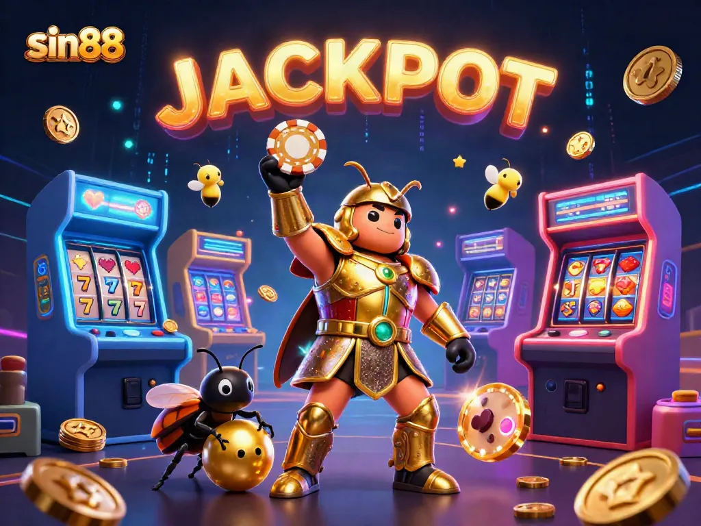 Engage with sin88's thrilling gaming environment featuring colorful slot machines, dynamic characters, and a vibrant jackpot celebration.