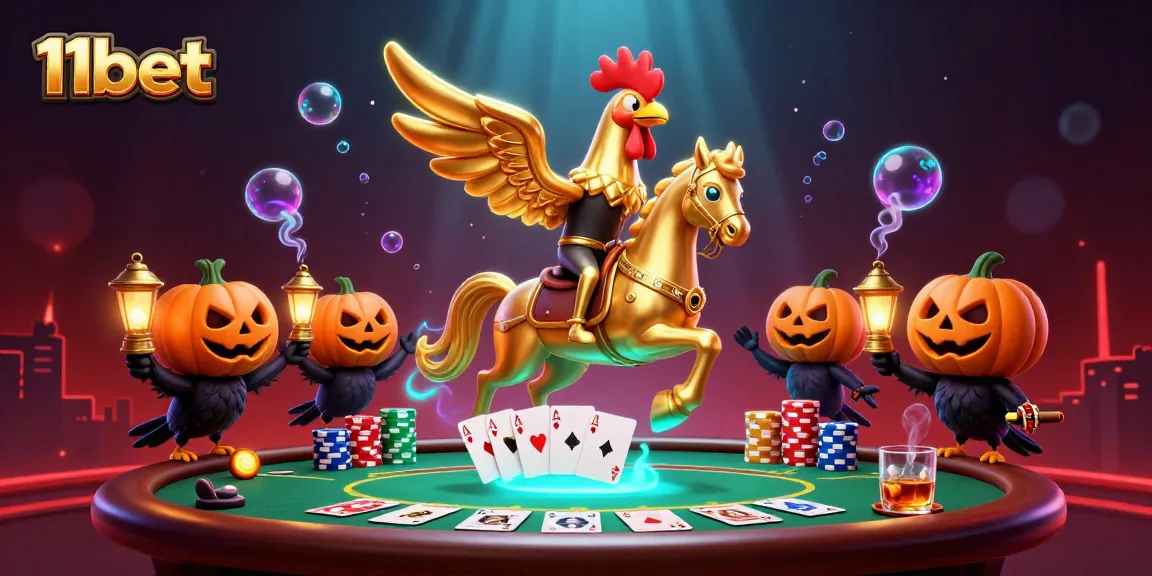 This vibrant casino scene features the 11bet brand with golden rooster characters and poker elements, embodying a thrilling gaming atmosphere.
