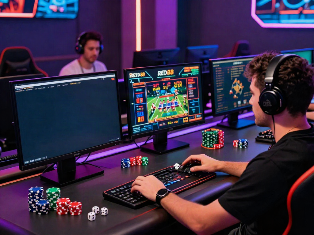 Dynamic online gaming scene at https://red88.limited/ with enthusiastic player engaged in gambling.