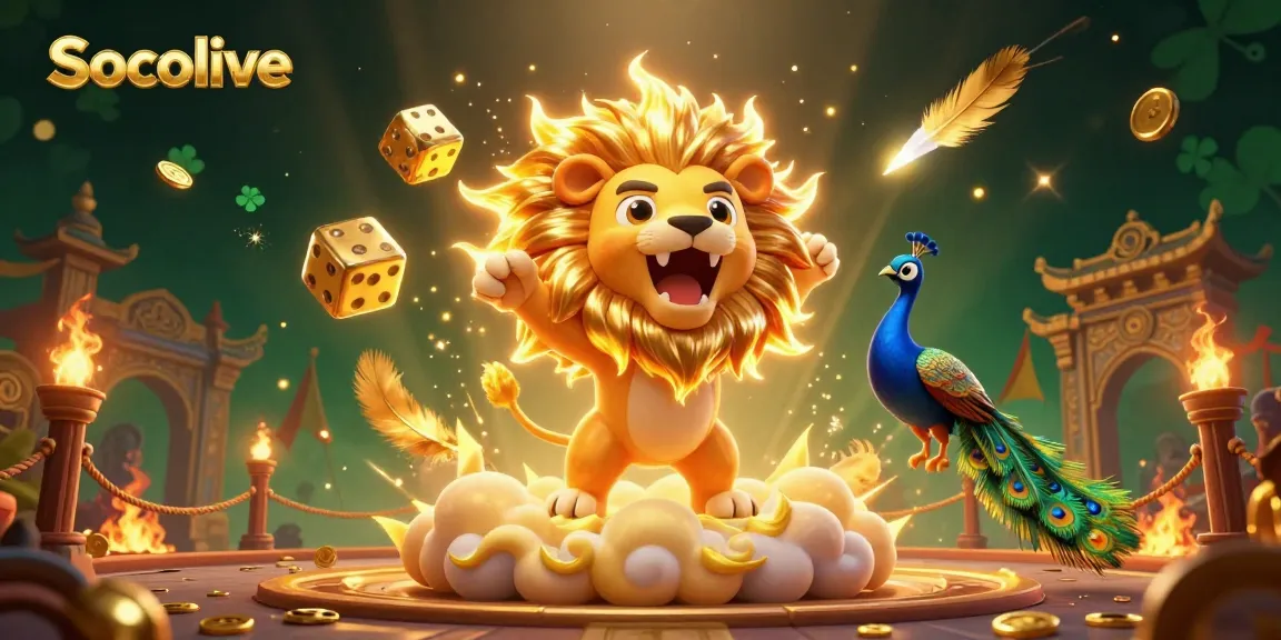 Socolive showcases an energetic scene with a lion and golden dice, set in a vibrant, captivating gambling atmosphere.