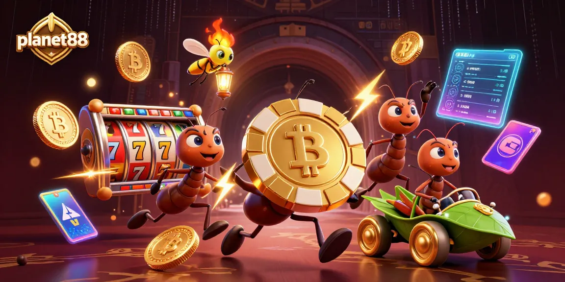 Experience thrilling gameplay with planet88, featuring 3D cartoon ants engaging in a casino heist amid vibrant gambling elements.