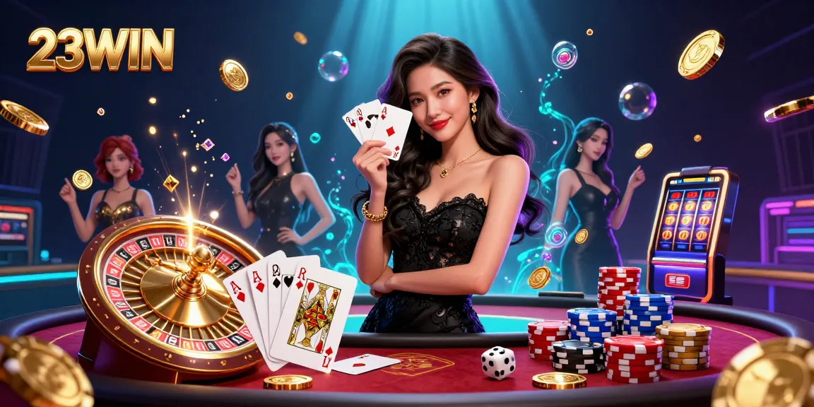 Experience the thrilling games at 23WIN with a beautiful casino scene filled with excitement.