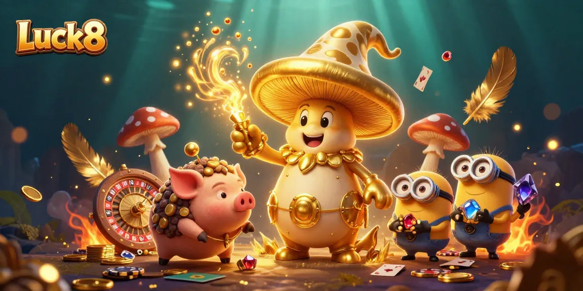 Experience Luck8 magic in a vibrant casino scene with a wizard, treasures, and dynamic betting elements.