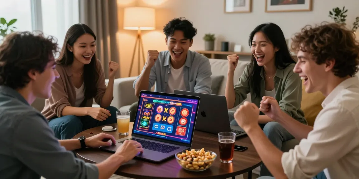 Group enjoying KO66 online casino games in a lively living room.