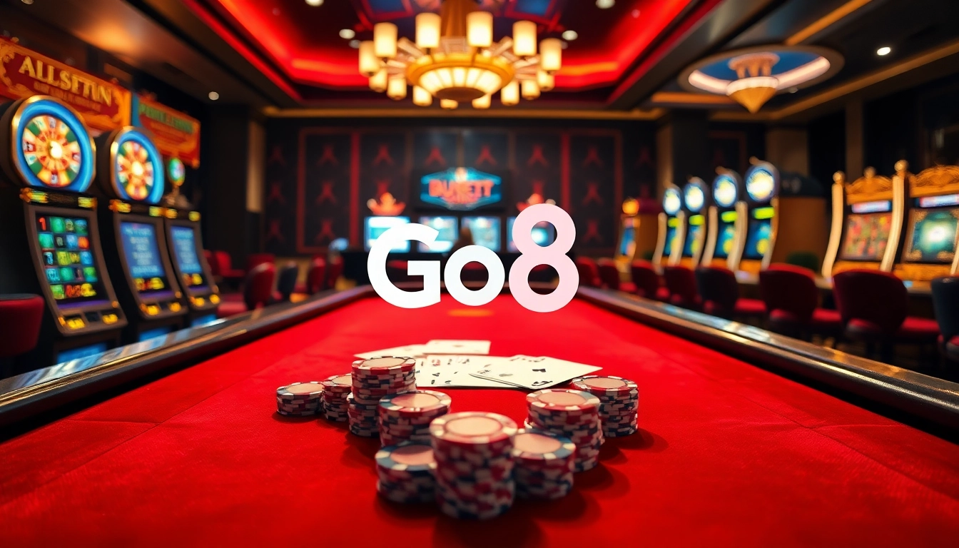 Experience thrilling gameplay with Go8 at a luxury casino table featuring poker chips and cards.