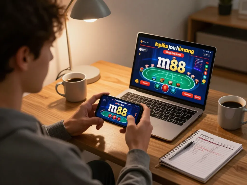 การมีส่วนร่วมกับเกม m88 มือถือ บนสมาร์ทโฟนในพื้นที่ทำงานที่มีสไตล์