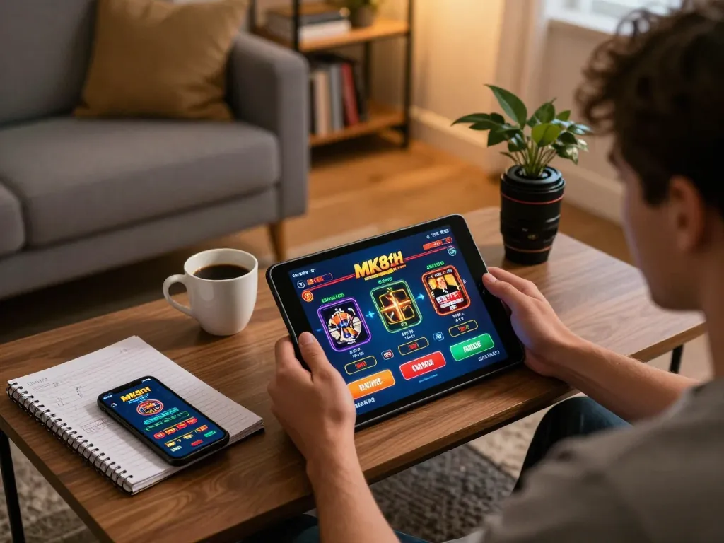 Engaged player using the MK8th app for online gambling in a cozy living room, showcasing a strategic betting setup.