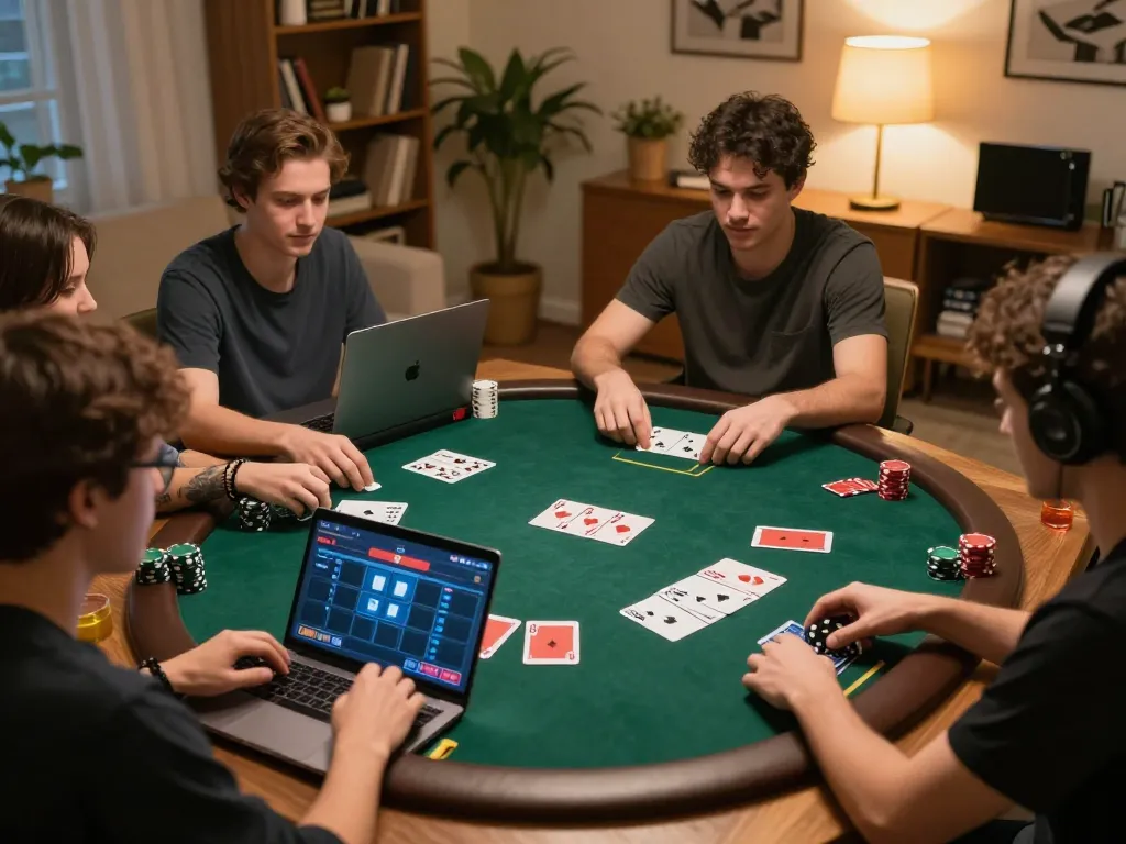 Engaging online poker game on kp88s with players strategizing in a cozy setting.