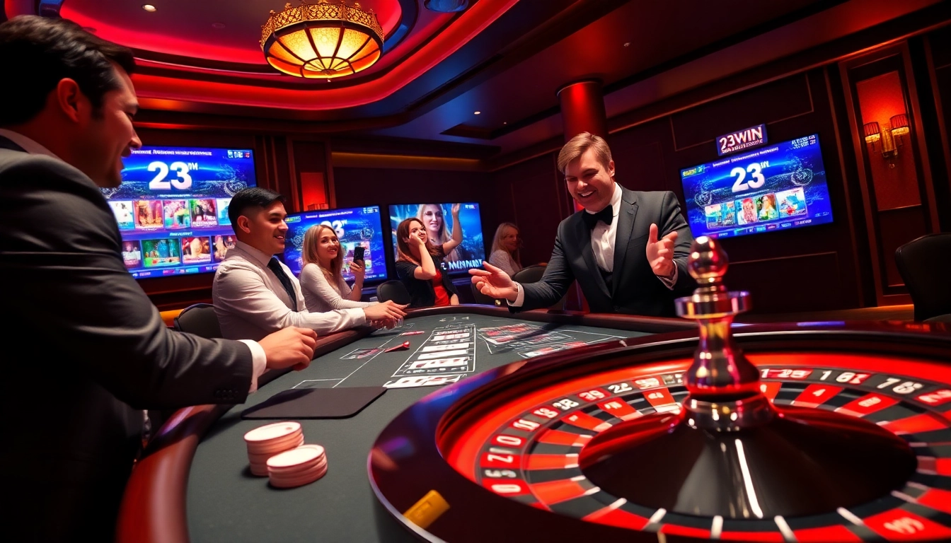 Players enjoying a thrilling game at the 23WIN casino table, highlighting excitement and engagement.