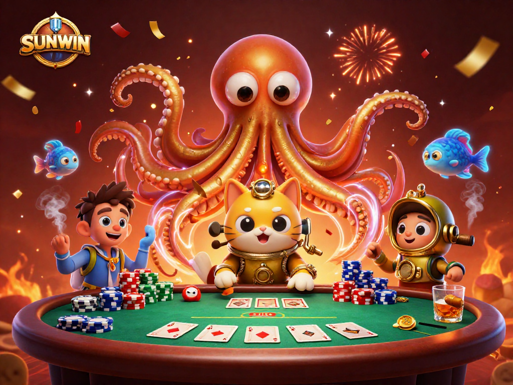 SUNWIN showcases a vibrant casino scene with a kraken, diving cat, and poker elements in 3D.