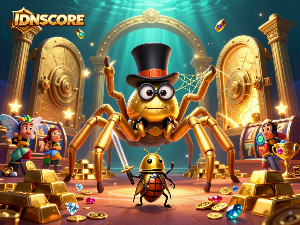 IDNSCORE showcases an exciting casino experience with vibrant characters and treasure amidst dynamic elements.