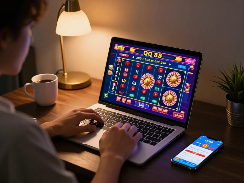 Engaged player enjoying QQ 88 casino games on laptop, showcasing dynamic online gambling experience.