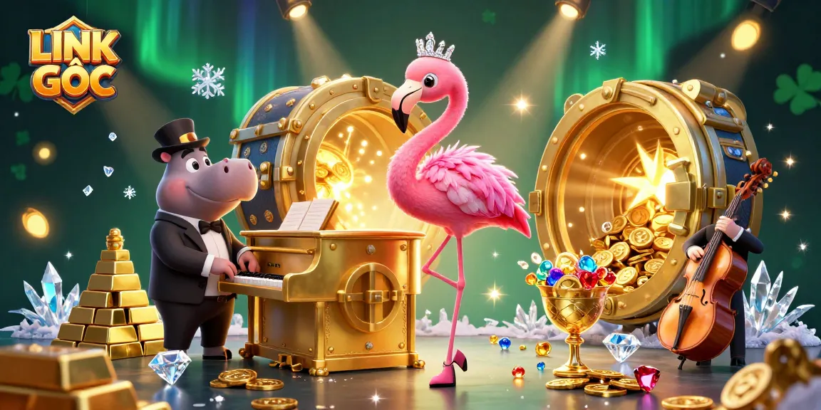 Engage with LINK GỐC's vibrant 3D casino lounge scene showcasing rich visuals and playful characters.