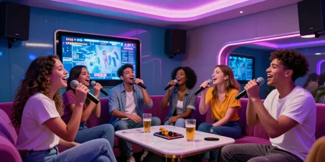 달토에서 즐거운 karaoke 파티를 즐기는 친구들의 모습, 현대적인 인테리어와 조명으로 활기찬 분위기.