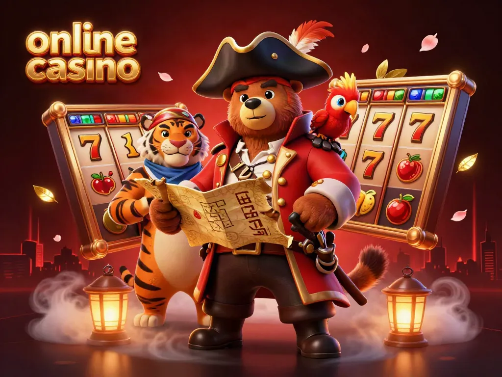 Disfruta de una escena animada de un casino online con un capitán oso y su tripulación en medio de juegos emocionantes.