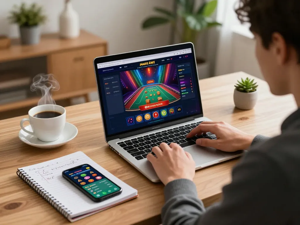 33winn engaging in strategic online gambling with a laptop and betting app, showcasing a responsible gaming atmosphere.
