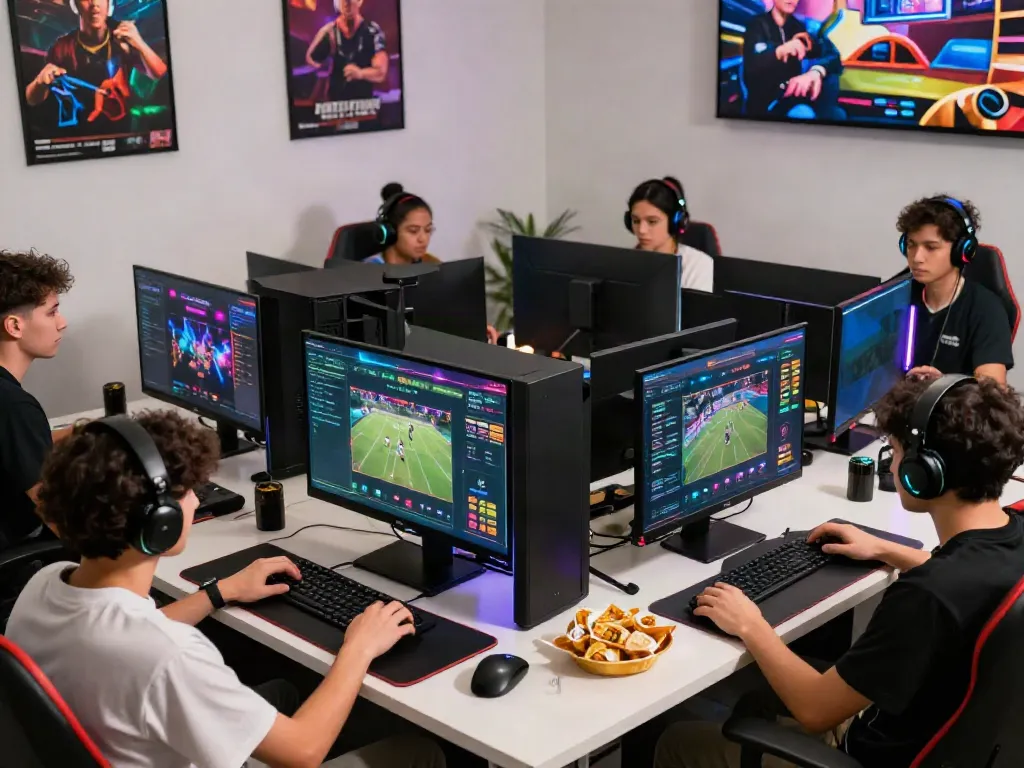 Engaged players at https://net88.broker/ enjoying diverse online games in a vibrant gaming room setup.