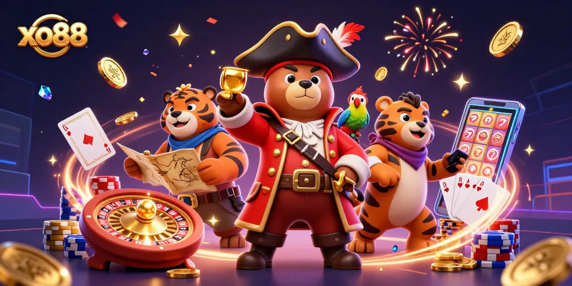Experience the thrills at xo88 with a vibrant casino scene featuring a captivated pirate bear and his tiger mate.