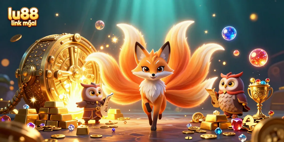 Experience the magic of victory with lu88 link mới, showcasing a colorful casino scene with vibrant characters and treasures.