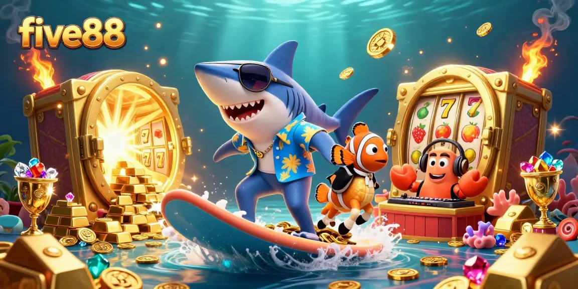Join the excitement at five88 with vibrant cartoon characters and slot elements amidst a treasure scene.