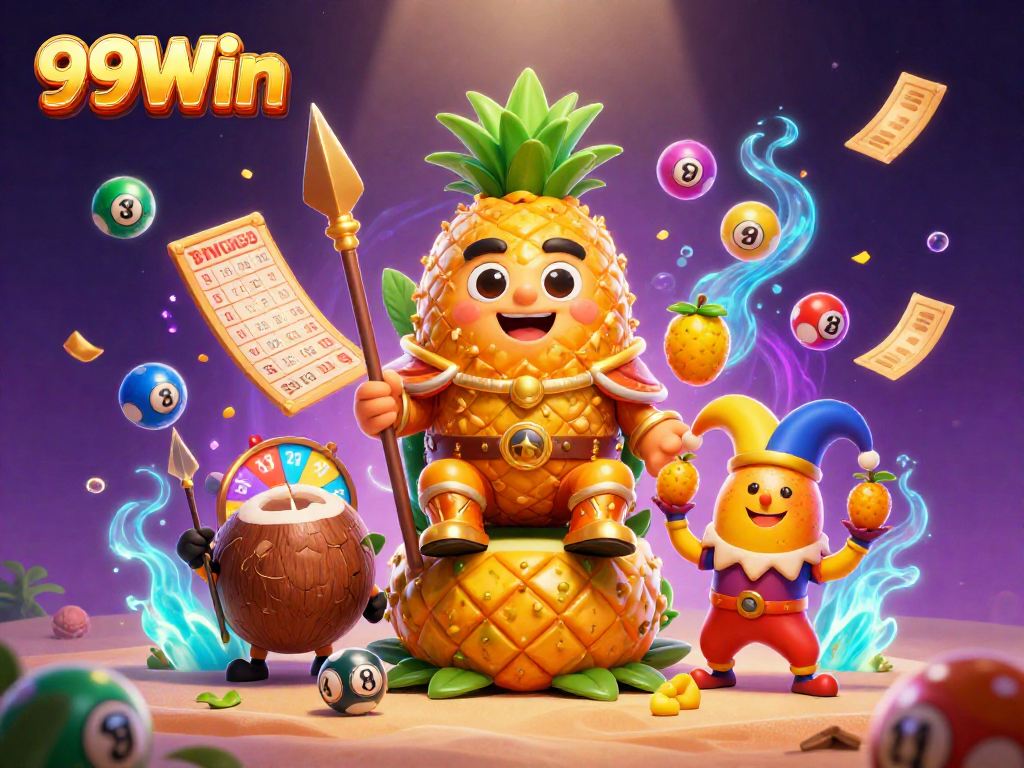Experience the excitement of 99Win with vibrant casino elements and a golden pineapple king in a lively scene.