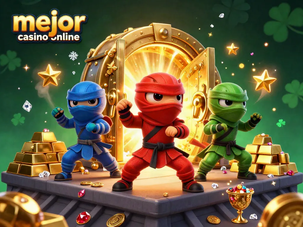 Explora los mejores casinos online con la guía de los chameleones ninja en esta ilustración vibrante.