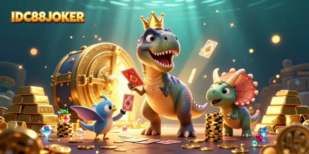 Experience the excitement of IDC88JOKER as lively dinosaurs engage in a thrilling card game with sparkling treasures.