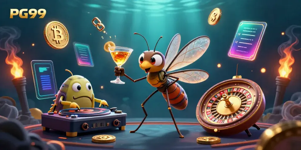 Engage in exciting PG99 gaming as a mosquito mascot wields a golden cocktail alongside casino elements