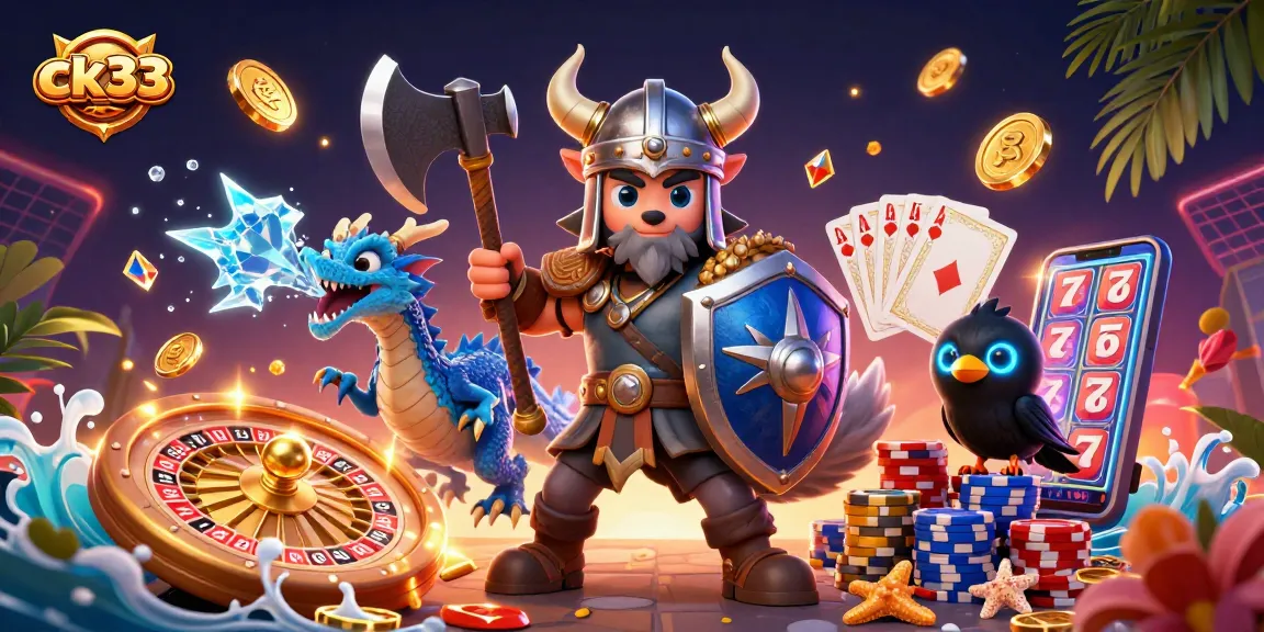 Engage with ck33 through thrilling 3D casino action featuring a Viking wolf, dragon, and vivid game elements.