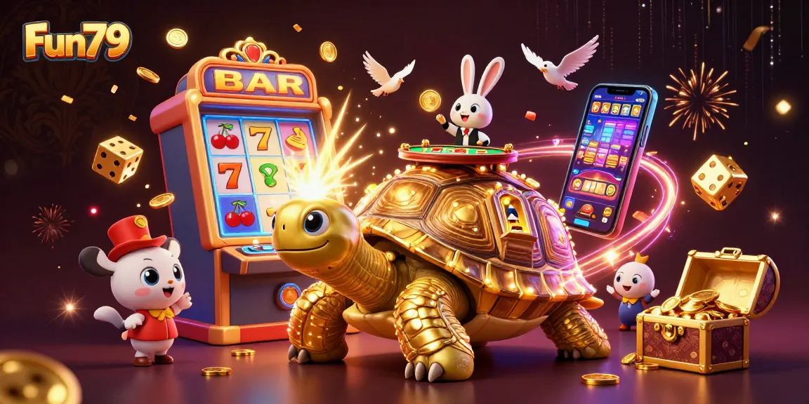 Win big at Fun79 with a lively casino scene featuring a golden tortoise and thrilling gameplay elements.