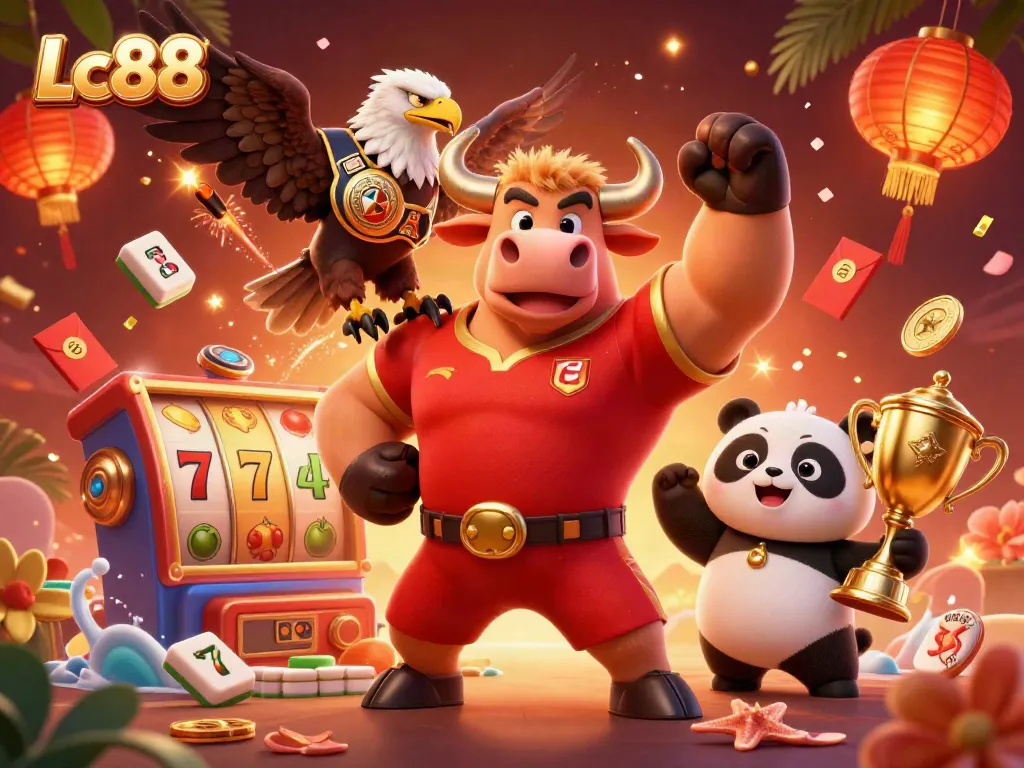 Lc88 brings excitement as a bull mascot triumphantly celebrates casino wins with a panda and eagle.