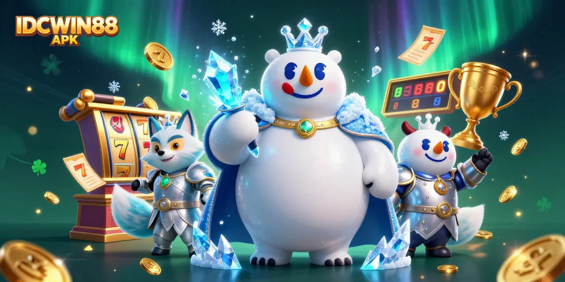 Experience lottery thrills with IDCWIN88 APK slots featuring ice king and snow fox in action.