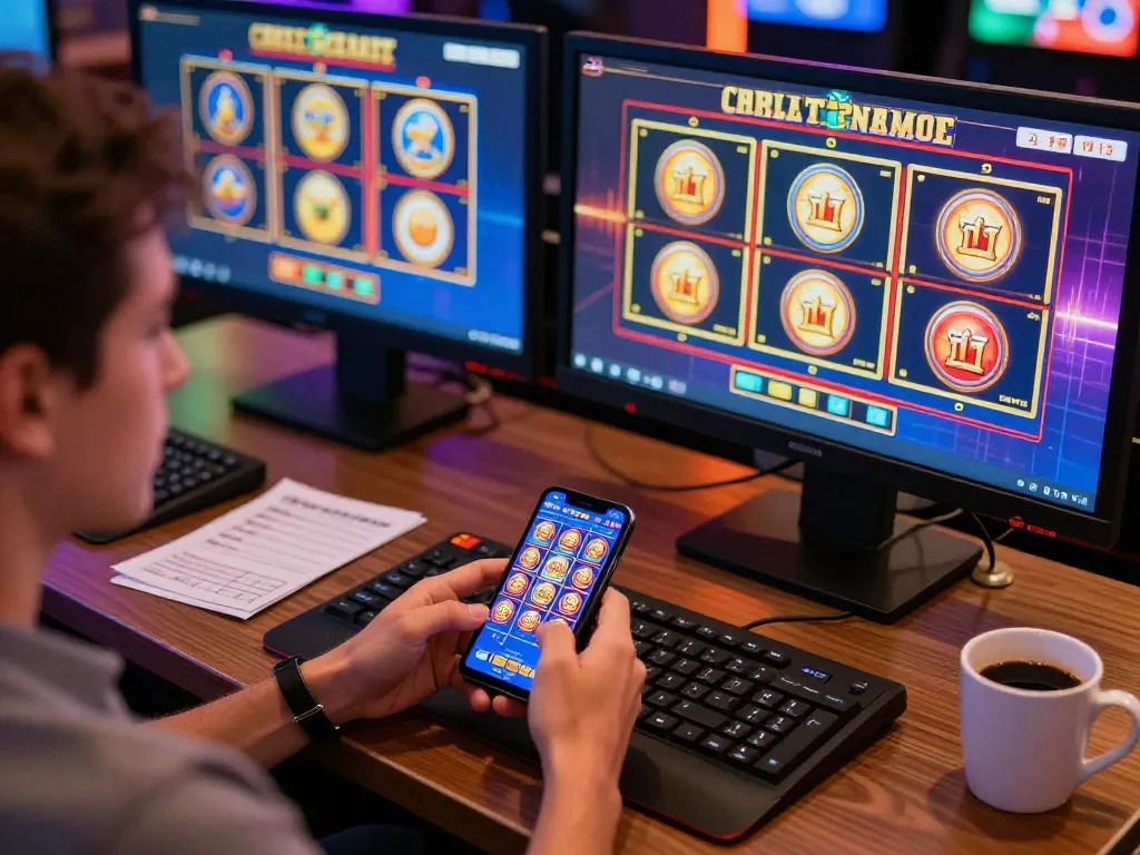 Engaging with slot games on dual monitors during an online casino session at home, showcasing strategic betting.
