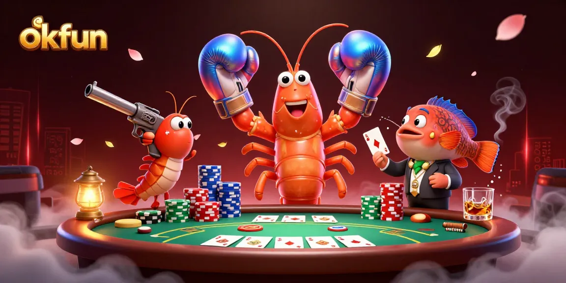 okfun players engaging in a dynamic casino scene with poker action and vibrant characters