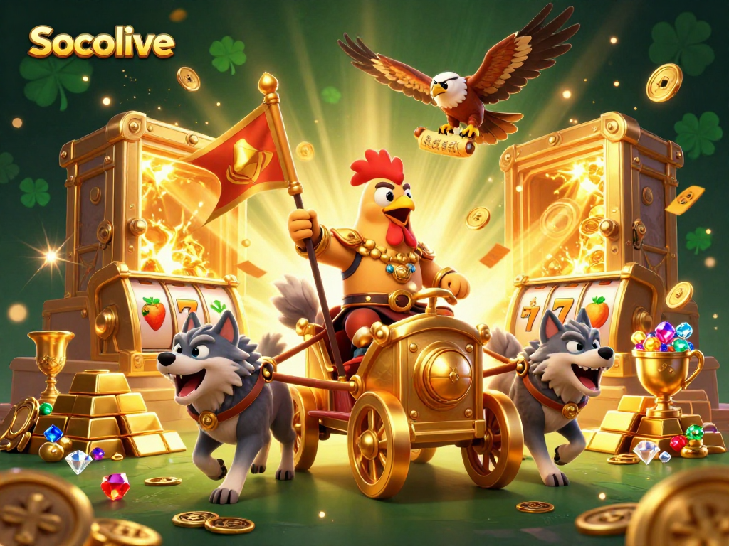 Socolive showcases a lively scene of a rooster warlord leading a slot-themed adventure with treasures.